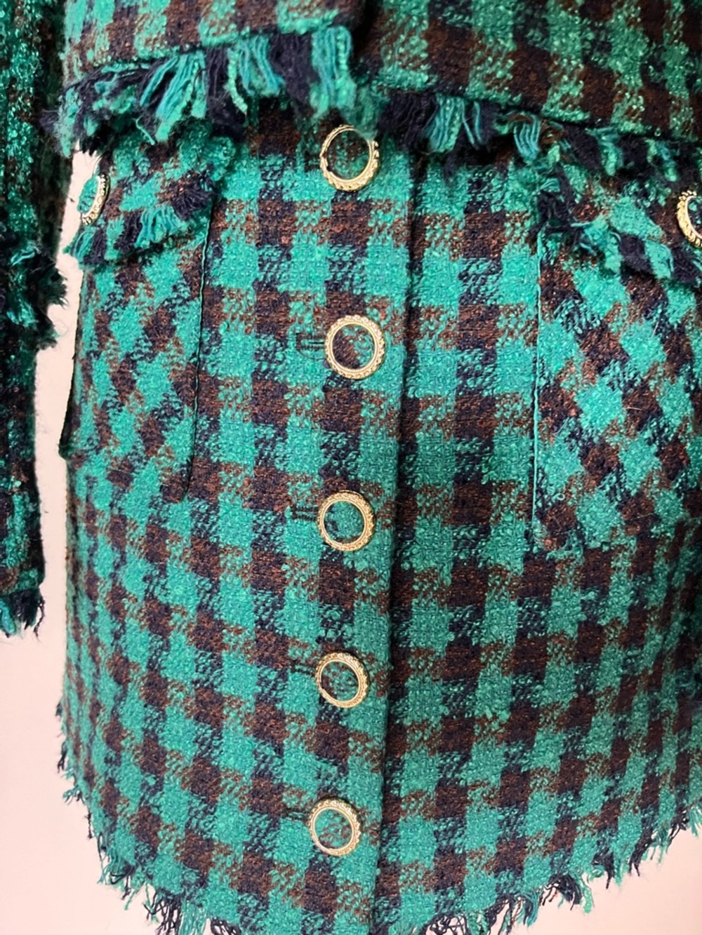Avec Les Filles Tweed Plaid Fringe Cropped Jacket and Mini Skirt Set Size M -NWT - Picture 7 of 12